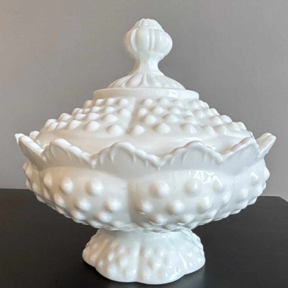 Vintage Fenton White Milk Glass Covered Candy Dish - Classic Hobnail Design